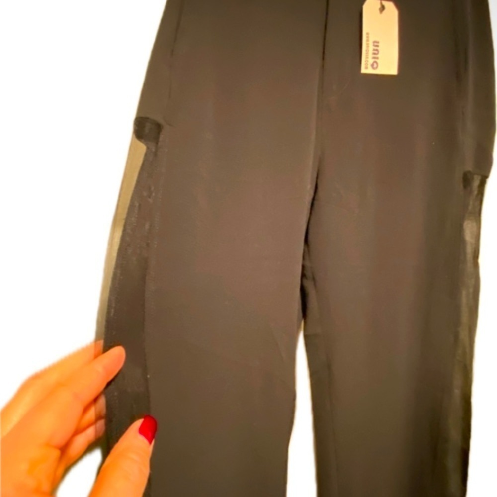 Womens Black High Waisted Wide Leg Sheer Panel Sides Dressy Pants NEW M